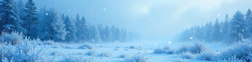 Fototapeta premium Frosty blue misty morning landscape with abstract snowflakes, winter wonderland, serene landscape, frosty blue snowy winter textures abstract