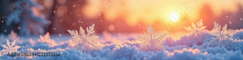 Frosty landscape with large snowflakes against orange sky, serenity, winter, serene