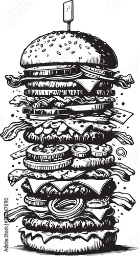 Big tall hamburger and ingredients hand drawn vector illustration