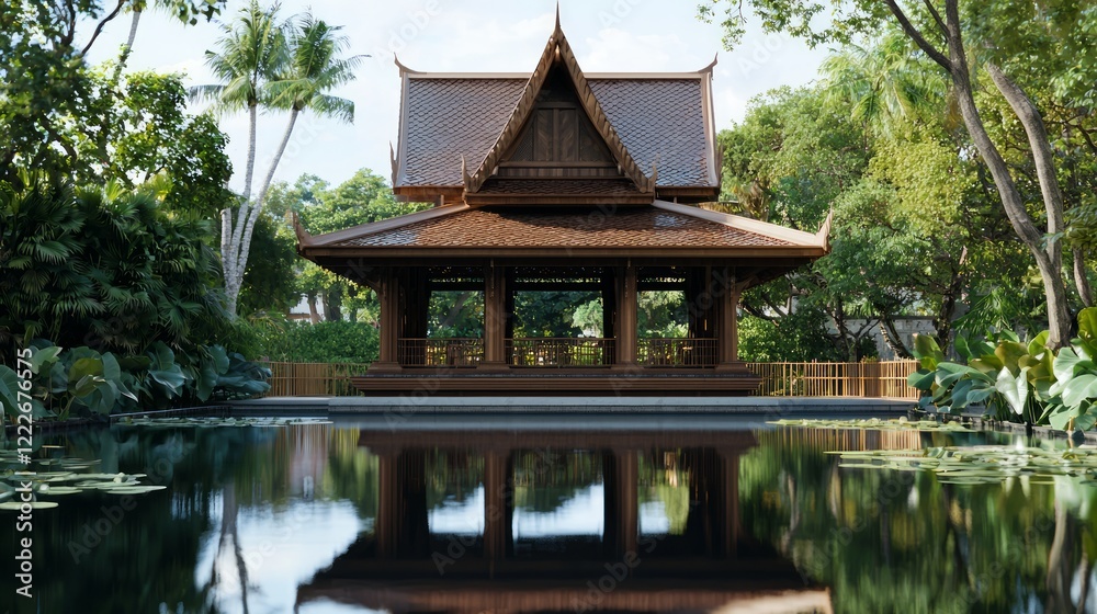 Tranquil Teak Pavilion on Serene Pond with Intricate Thai Architecture Screens - Cinematic Image Tranquil Teak Pavilion on Serene Pond with Intricate Thai Architecture Screens - Cinematic Image