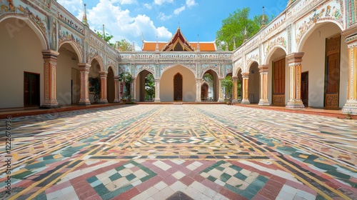 Majestic Thai Courtyard with Vibrant Mosaic Floors and Ornate Prangs | Ultra-Detailed Architectural Cinematic Image photo