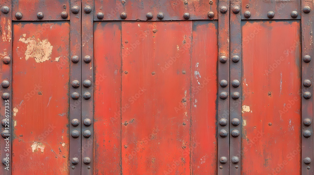 Fototapeta premium Rustic Red Metal Door with Rivets Industrial Background Texture