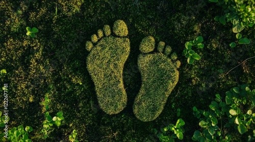 A moss-covered carbon footprint symbolizes sustainability and eco-friendly living, highlighting nature conservation and the importance of reducing environmental impact.







