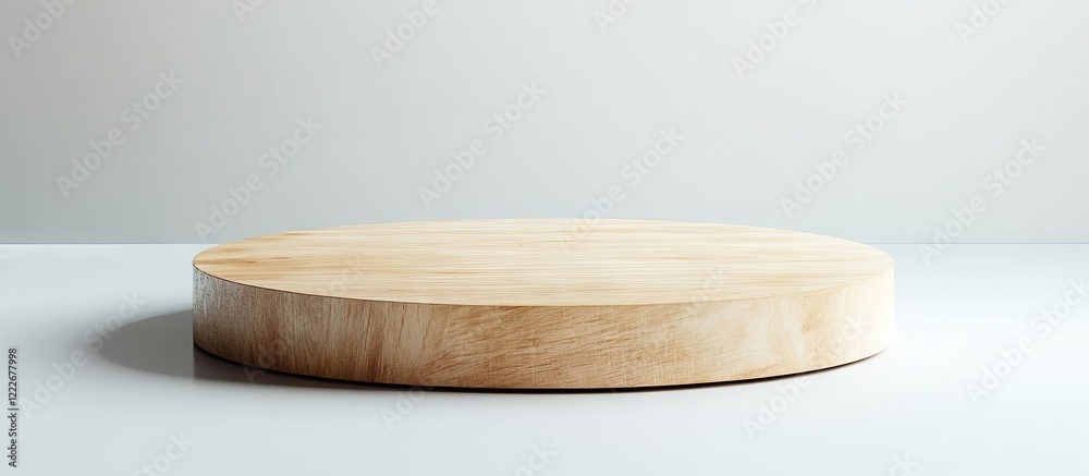 Wooden circular display pedestal with a smooth light wood finish positioned centrally on a clean white background ideal for product presentation. Wooden circular display pedestal with a smooth light wood finish positioned centrally on a clean white background ideal for product presentation.