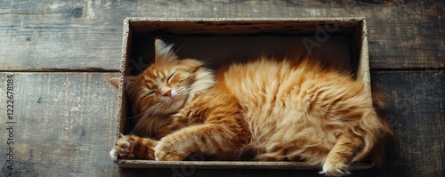 Fluffy ginger cat relaxing in cardboard box on wooden floor photo