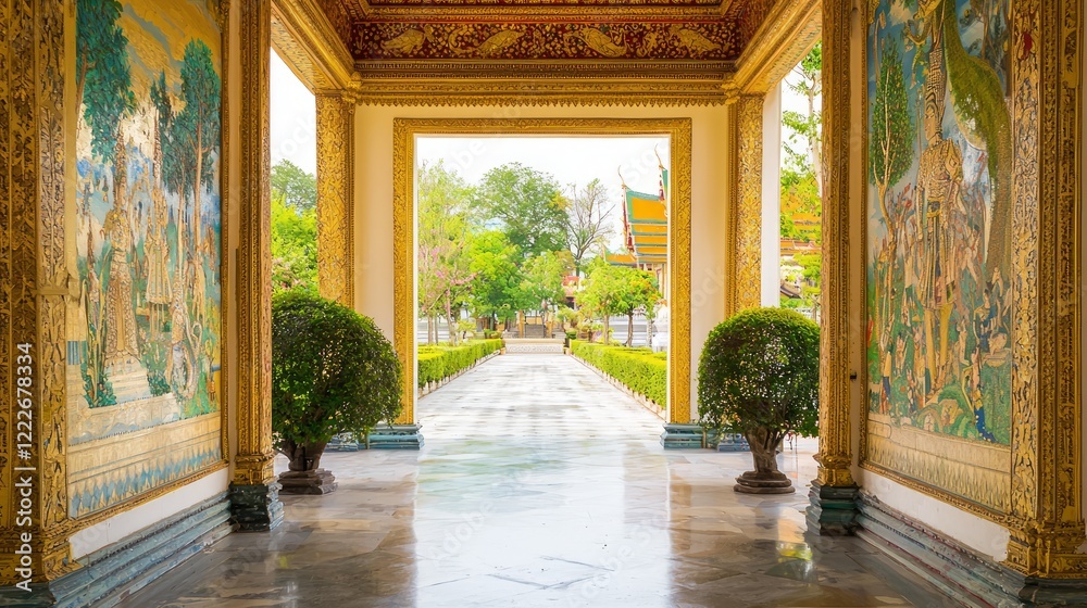 Fototapeta premium Mystical Thai Palace: Intricate Murals and Manicured Gardens Transport to Local Folklore