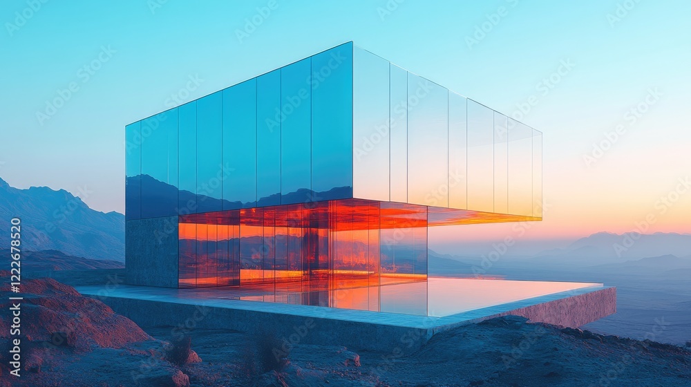 Fototapeta premium A modern glass structure stands prominently on a reflective surface,