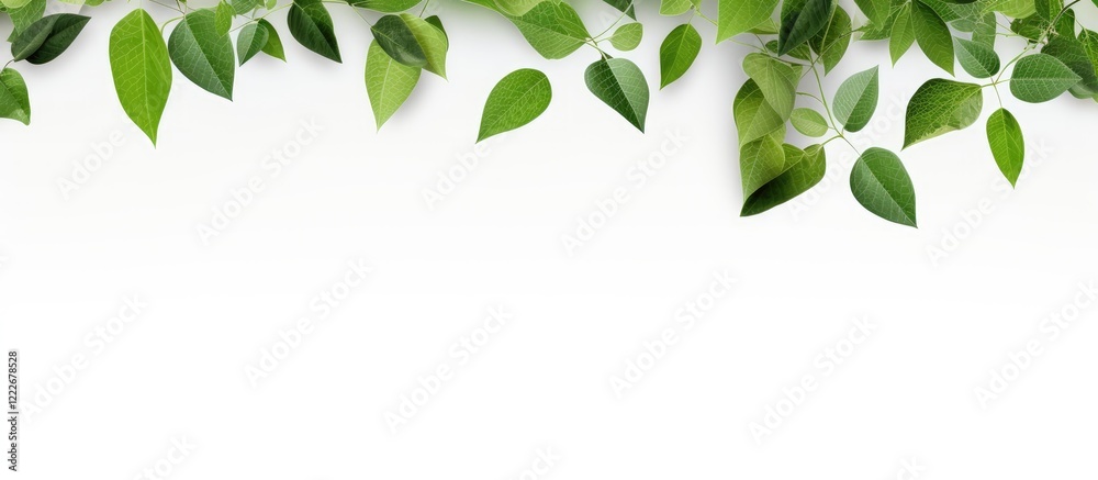 Bright green leaves arranged along the top edge of a clean white background creating a fresh and vibrant space for showcasing seasonal imagery Bright green leaves arranged along the top edge of a clean white background creating a fresh and vibrant space for showcasing seasonal imagery