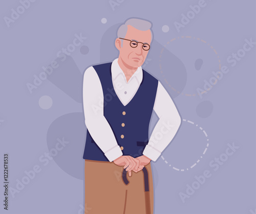 Senior man in classic vest, retro vintage glasses stand pose. University professor, lecturer, old experienced, grey hair, older grandfather. Vector flat style cartoon illustration, creative background