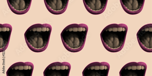 Seamless pattern in pop art style. Halftone collage open pink lips with scream. Screaming female mouth print background for textiles, wallpapers, wrapping paper, fabric.