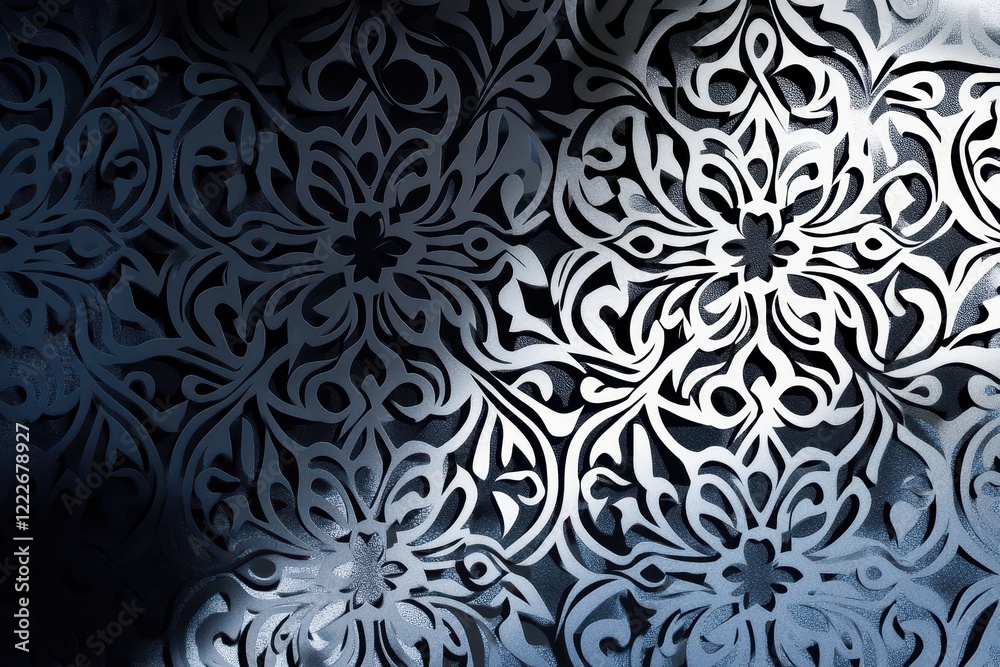 Silver floral pattern, dark background, laser cut, design texture Silver floral pattern, dark background, laser cut, design texture