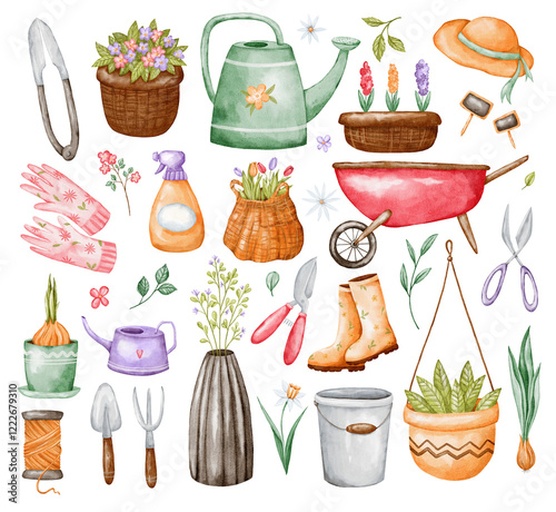 Watercolor gardening tools. Set of gardening items, isolated. Hand drawn gardening clip art. Watering can, garden shovel, rake, sprout, rubber boots, gloves, pruning shears, potted plant and hat.