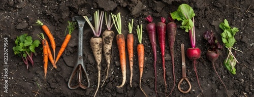 Freshly Harvested Root Vegetables and Gardening Tools