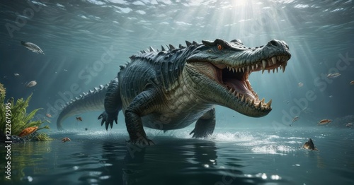 giant predatory crocodile at water surface surrounded by fish, sunny day, water reptile