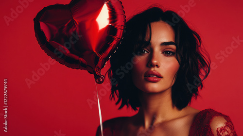 a beautiful woman holding a heart-shaped balloon against a red background. Valentines day concept