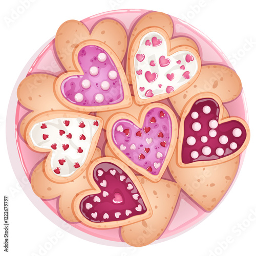 Heart Shape Shortbread Cookies with Jam & Cream Icing and Colorful Sprinkles Topping. Valentine's Day Treats Plate Top View