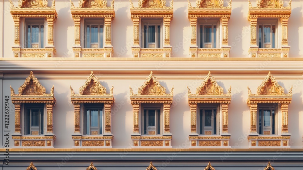 Obraz premium Majestic Thai Temple Facade with Arrowhead Windows Glinting in Morning Light - Cinematic Ultra-Detailed Architecture Image