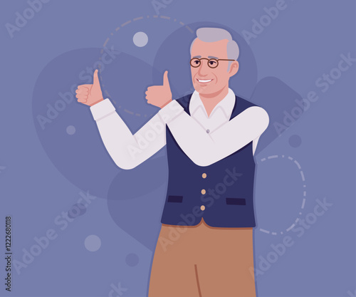 Senior man in classic vest, retro vintage glasses thumb up. University professor, lecturer, old experienced, grey hair, older grandfather. Vector flat style cartoon illustration, creative background