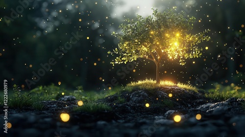 Forest clearing glowing with magical symbols narrating a story, environmental storytelling, 3D illustration