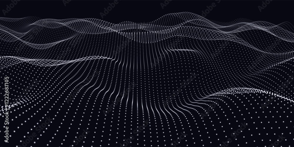 Points in lines wavy on noise surface. Abstract dots on dark background. Technology cyberspace concept. Points in lines wavy on noise surface. Abstract dots on dark background. Technology cyberspace concept.