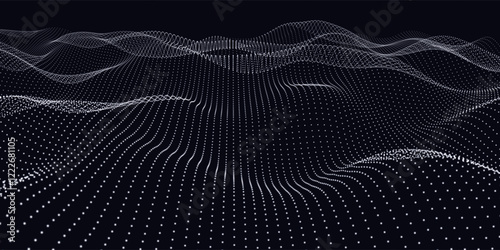 Points in lines wavy on noise surface. Abstract dots on dark background. Technology cyberspace concept.