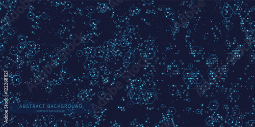 Abstract background chaotic size blue hexagon on dark blue. Rectangle mosaic design. Vector Illustration.