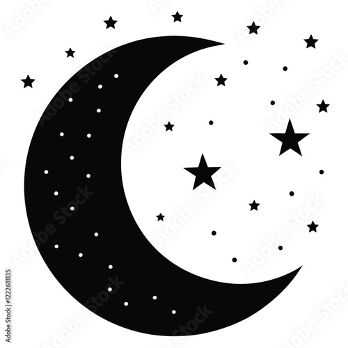 Black Crescent Moon and Stars Silhouette Clipart Vector Graphic Design Element for Night Sky, Celestial, Mystical, and Astrology Themes