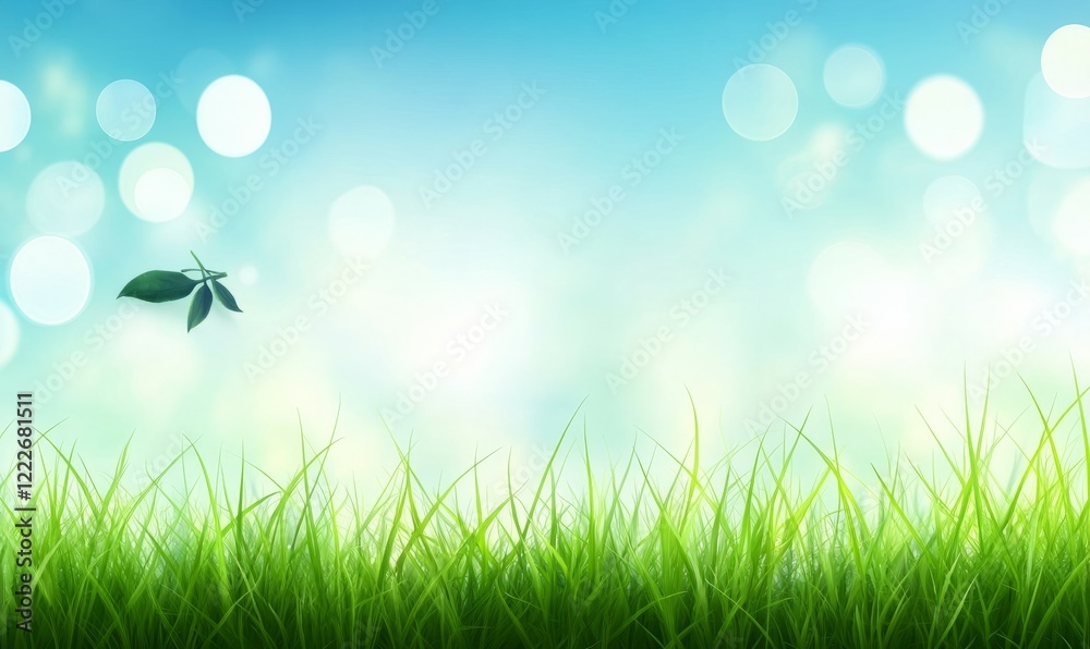 Green grass, blue sky, spring blurred bokeh background Green grass, blue sky, spring blurred bokeh background