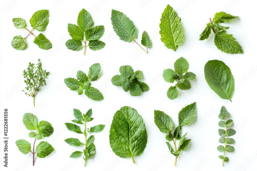 A variety of fresh herbs arranged on a white background for culinary use.