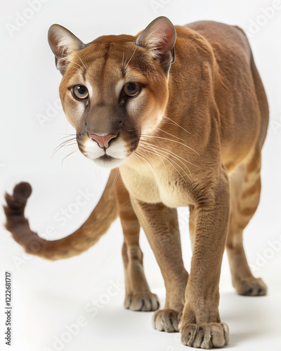 Fossa walking gracefully in daylight with a white background in photorealistic style photo