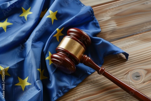 Wooden gavel laying on european union flag, representing legal decisions and regulations within the eu photo