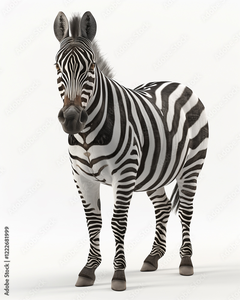 Fototapeta premium Zebra standing confidently in a captivating photorealistic rendering against a bright white background