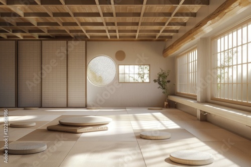 Sun shining through windows in a peaceful yoga studio interior design with tatami mats, wooden ceiling and round podiums