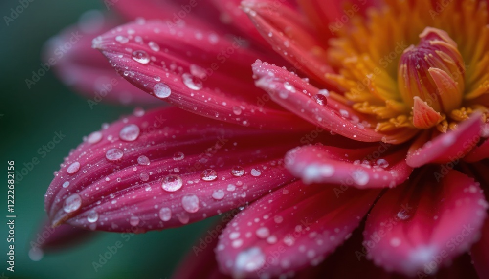Close-up of a vibrant pink flower covered in dew drops. Close-up of a vibrant pink flower covered in dew drops.