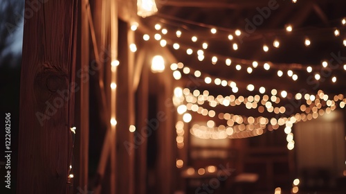 Warmly lit outdoor space, cozy ambiance created by string lights, ideal for gatherings or celebrations, inviting atmosphere. photo