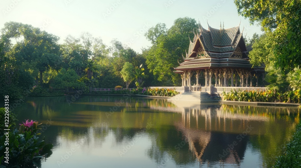 Serene Thai Water Pavilion: Ultra-Detailed Pastel Beauty amidst Nature Reflections Serene Thai Water Pavilion: Ultra-Detailed Pastel Beauty amidst Nature Reflections