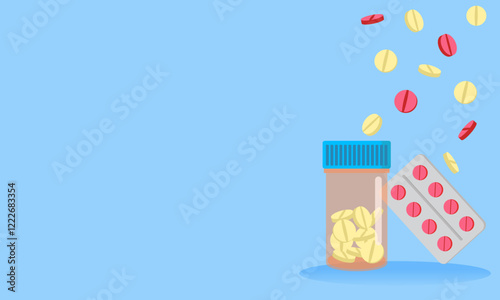 Pills falling into open medical pill container with blister pack