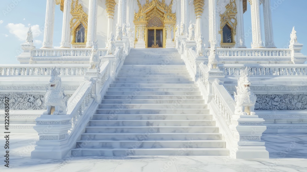 Obraz premium Majestic Marble Staircase with Guardian Carvings in Thai Temple - Cinematic Architectural Grandeur