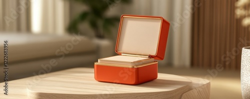 Elegant red jewelry box on wooden table in modern room setting