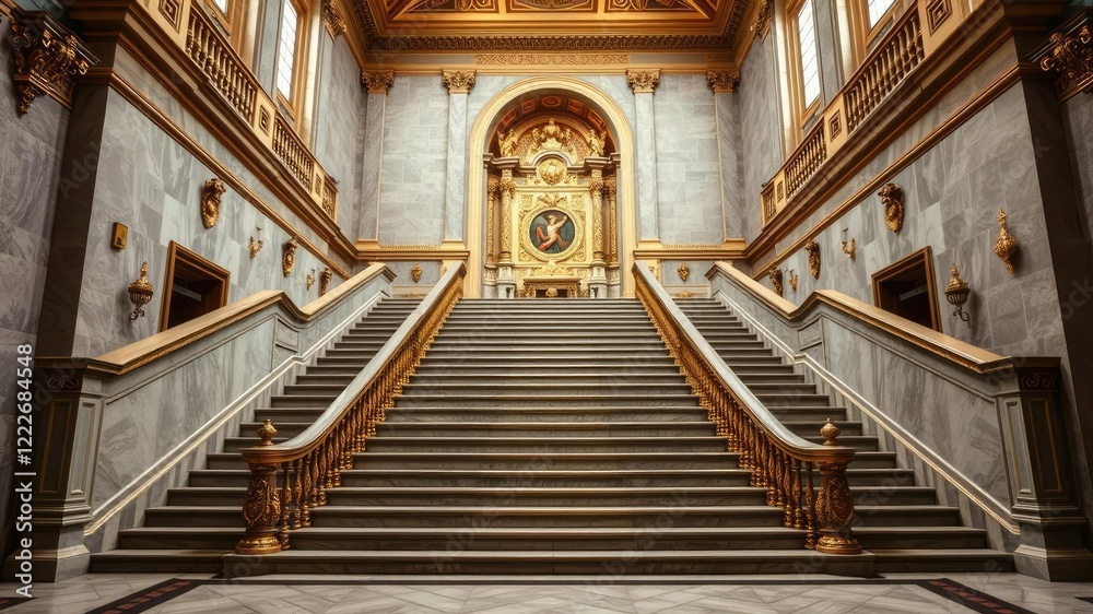 Naklejka premium Grand staircase leading up to the main altar, adorned with gilded railings and intricately carved banisters, banisters, ornate details, altar