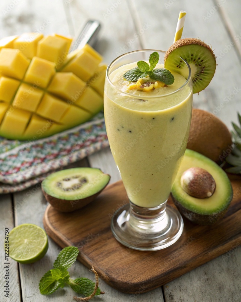 creamy-and-smoothie-organic coconut water, ripe mango, kiwi, banana, and avocado creamy-and-smoothie-organic coconut water, ripe mango, kiwi, banana, and avocado