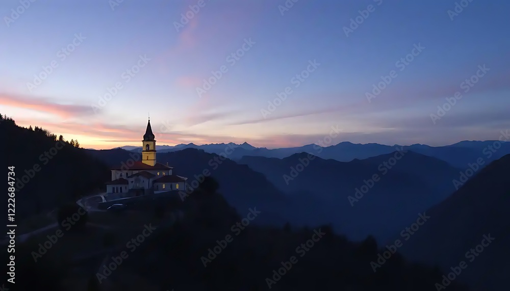 Obraz premium Illuminated Church on Mountain at Sunset Overlooking Distant Mountains