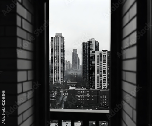 Views of a misty urban skyline from a high-rise window showcasing tall buildings under an overcast sky in a metropolitan area photo