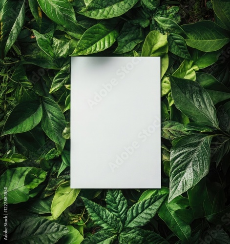 Top view of nature's green leaves framing a blank paper for text, in a flat lay composition