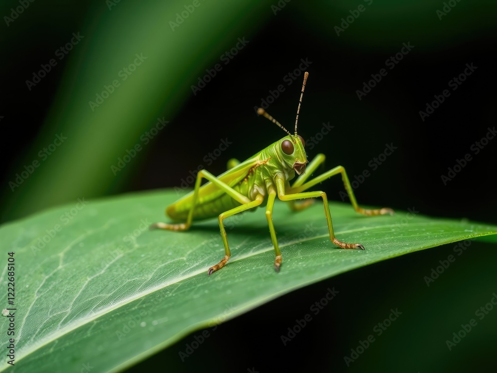 Green grasshopper sitting on a leaf with its legs folded under its body, insect life, northern grass pyrgomorph, outdoors Green grasshopper sitting on a leaf with its legs folded under its body, insect life, northern grass pyrgomorph, outdoors