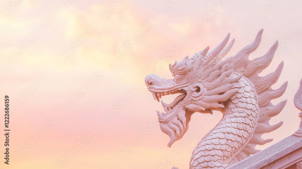 Majestic Dragon Head Sculpture Crowned by Pastel Sky in Ultra-Detailed Thai Architecture Cinematic Image Majestic Dragon Head Sculpture Crowned by Pastel Sky in Ultra-Detailed Thai Architecture Cinematic Image