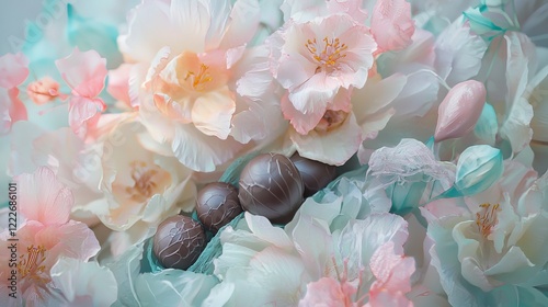 Dreamy floral arrangement in pastel shades with chocolates nestled among petals, surreal atmosphere, soft light fantasy art style photo