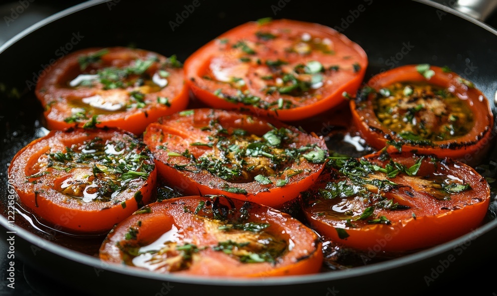Delicious tomato and herb dish being prepared in a pan Delicious tomato and herb dish being prepared in a pan