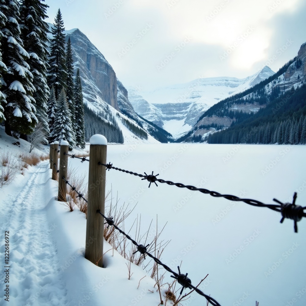Fototapeta premium Barbed wire fence spanning a frozen lake or river in the midst of a snowy forest, barbed wire, nature, lake