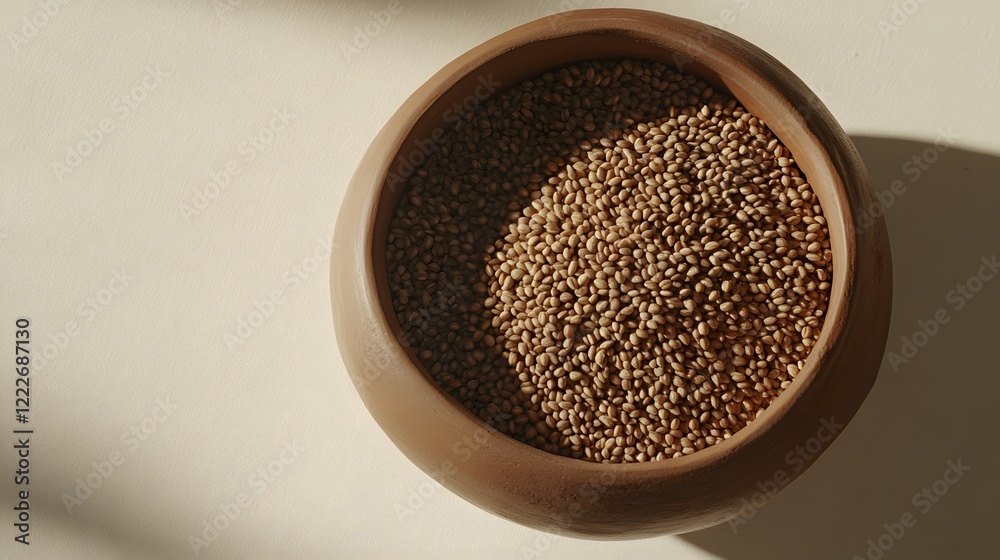 Earthy Brown Seeds in Clay Bowl, Natural Food Photography Earthy Brown Seeds in Clay Bowl, Natural Food Photography